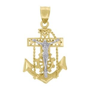 10kt 10k Two-Tone Gold Unisex Diamond-Cut Crucifix Anchor Cross Charm Pendant